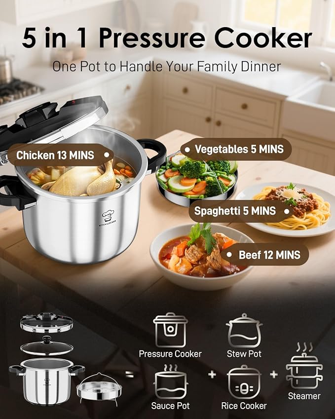 KitchLocker Pressure Cooker Stainless Steel 6.3 Quart,Olla De Presion For 2-3 People[Glass Lid & Steamer Rack Included][Press To Open][Compatible With Induction And Gas Stovetops]