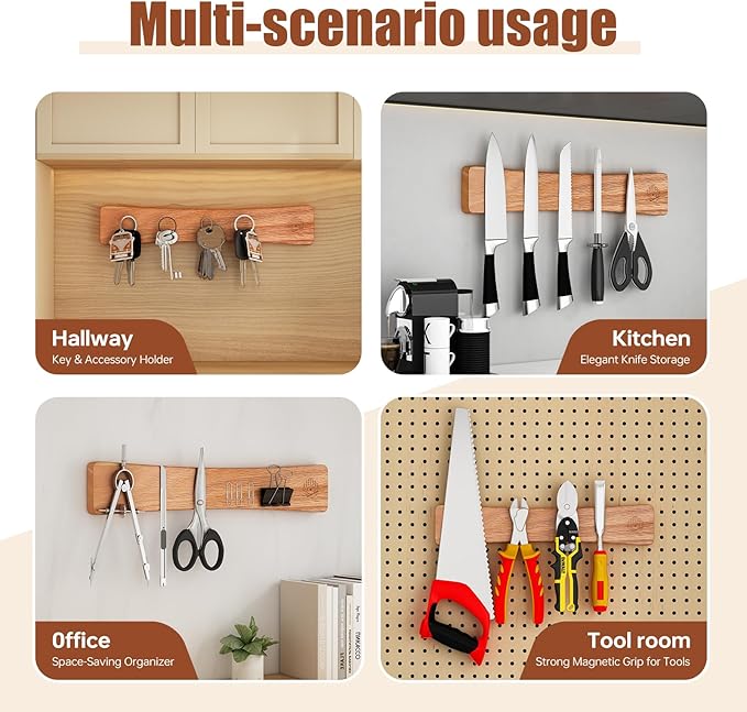 Magnetic Knife Strip, 16 Inch Oak Magnetic Knife Holder for Wall with N52 Strong Magnets, Premium Wooden Knife Magnetic Strip Organizer for Kitchen Knives, Tools,No Drilling