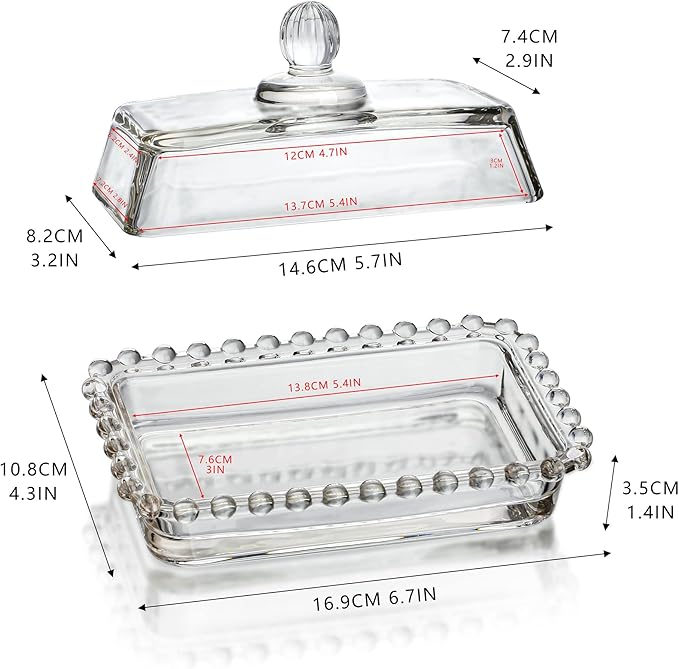6.5'' Clear Glass Butter Dish with Handled Lid,Classic 2-Piece Design Butter Keeper For Countertop,Dishwasher Safe