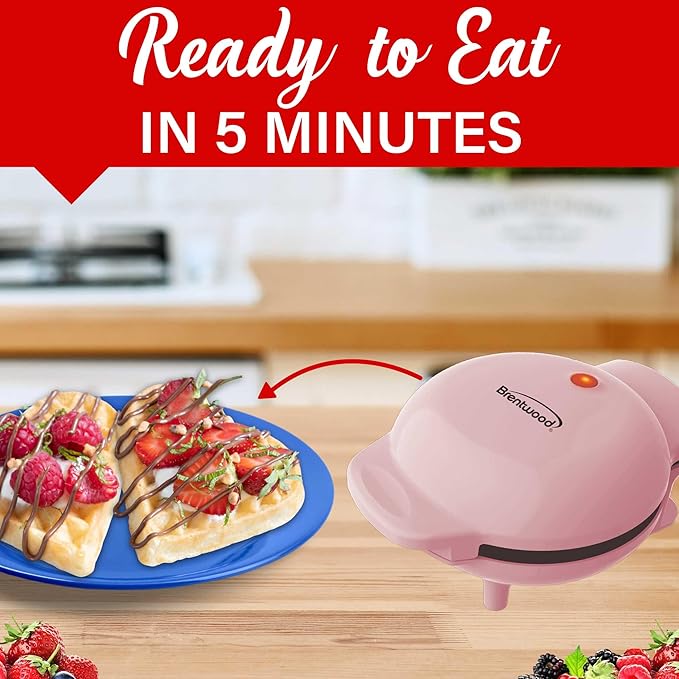 Brentwood 5” Non-Stick Mini Maker for Waffles, Keto Chaffles, Hash Browns, and More (Pink Heart)
