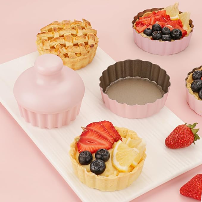 1 Inch Deep Mini Tart Pan Set, 6PCS 3.6 Inch Tart Pans with Removable Bottom and Tart Tamper, Nonstick & Durable Bakeware, Ideal for Mini Pies, Tarts, Quiches, Cheesecakes, (Pink)