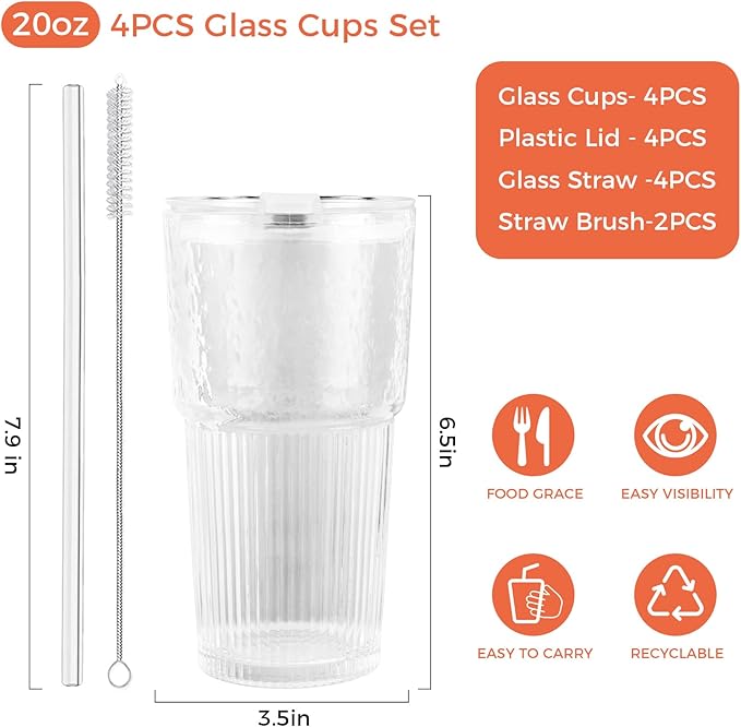 4PCS 20oz Glass Cups with Lids and Straws, Iced Coffee Cups with Lids, Stylish Ribbed Thick Drinking Glasses Tumbler for Juice, Smoothies, Cold Beverages, Cute Cup Gifts with Clean Brush