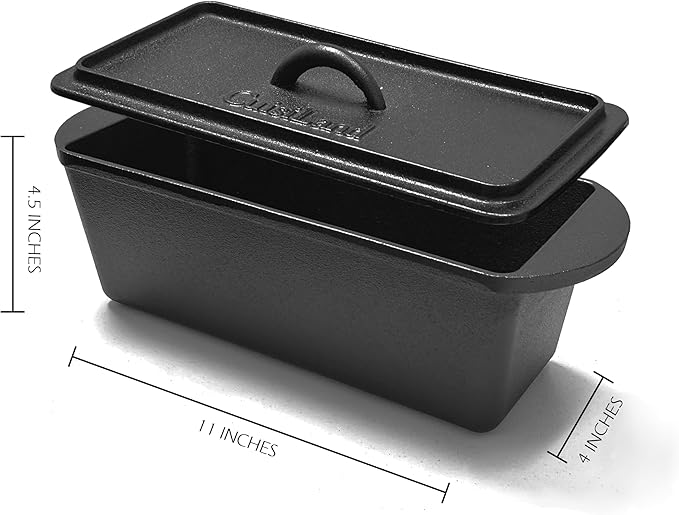Cuisiland Rectangular Cast Iron Bread Loaf Pan & Proofing Basket, Heavy Duty 11x4.75x4,25" (14" L/Handles) with Lid (BLP137BU)