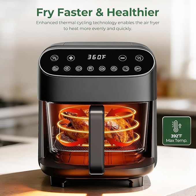 Havato 5 Quart Glass Air Fryer with Visible Window, Non-Toxic High Borosilicate Glass Basket (No Coating), Airfryer Oven with 8 Preset Modes, PTFE/PFSA Free, Dishwasher Safe, Black