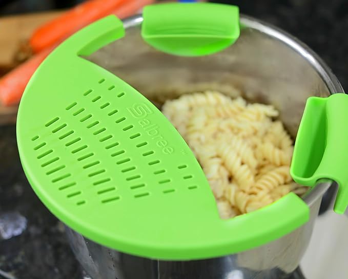 Salbree Silicone Snap Strainer fits the 6qt Instant Pot and Snaps to the 6 quart Instapot Pressure Cooker Inner Pan Small Mitts Set Included, for Straining Vegetable and Ground Beef Grease (green)