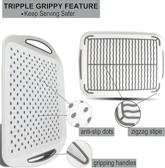 Large Nonslip Serving Tray with Handles, Silicone Grippy Dots Lap Food Trays for Eating, Dishwasher Safe Serve for Breakfast Dinner Snack Fruit Appetizers Beverage, Rectangular, Set of 2, White