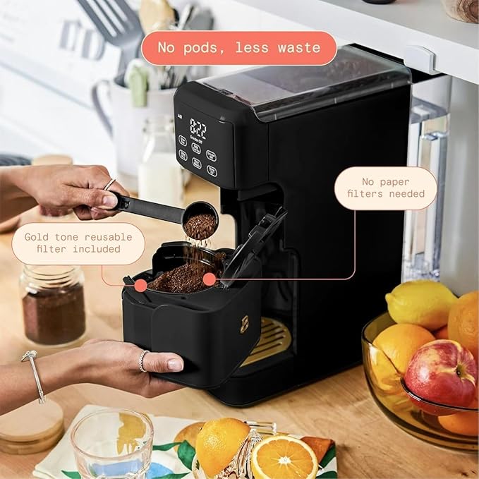 Beautiful Perfect Grind Programmable Single Serve Coffee Maker, Burr Grinder, 64 oz Reservoir, 6 Brew Sizes by Drew Barrymore (Black Sesame)