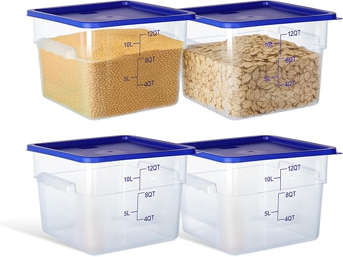 STEELUS 4 Pack 12 Quart Food Storage Containers with Lids, Polycarbonate Square Commercial Food Containers, NSF, Clear, New Version