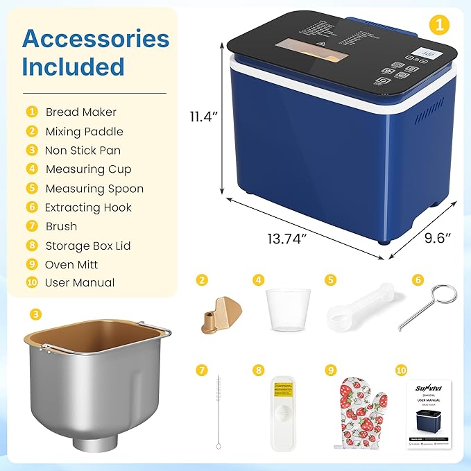 2.2LB Bread Maker, 21-in-1 Programmable Bread Machine with Digital Touch Panel, 3 Loaf Sizes 3 Crust Color, Keep Warm, 15H Timer, Blue Bread Making Kit & Breakfast Maker with Nonstick Pan