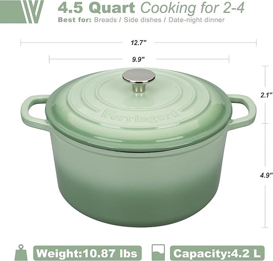 VORRINGARD Enameled Cast Iron Dutch Oven Pot with Lid, for Sourdough Bread Baking, Round Dutch Ovens, 4.5 Quart, Green