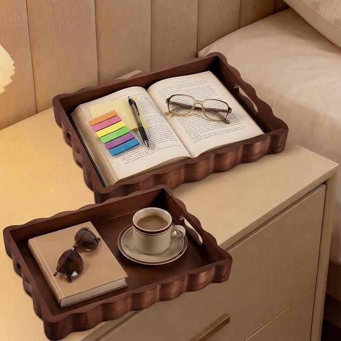Novabright 2 Pack Solid Scalloped Wood Serving Trays with Handle, 2 Size Rectangular Wavy Edge Decorative Tray Rustic Wooden Food Tray for Breakfast Coffee Table Kitchen Living Room Entryway Decor