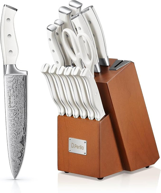 Knife Set, D.Perlla 15 Pieces Kitchen Knife Set with Built-in Sharpener, Stainless Steel kitchen Knives with Unique Waved Pattern, Non-slip Handle, Brown