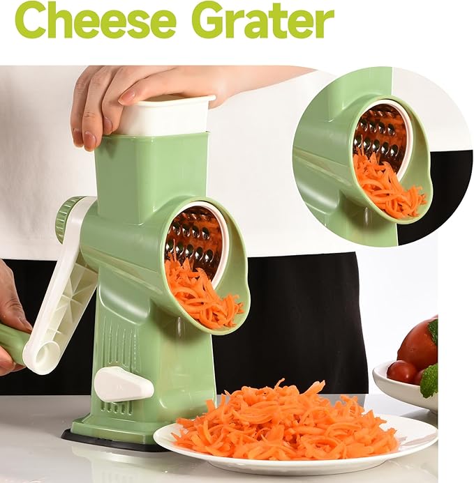 Rotary Cheese Grater with Handle Kitchen Shredder Slicer Grater Slicer Ice Shaver Cheese Vegetable Nuts Potato Zucchini Chocolate 3 Interchangeable Blades (Green)