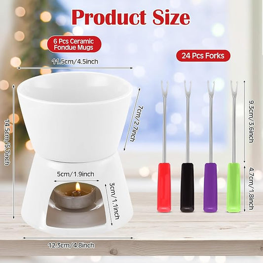Mudder 6 Pieces Fondue Mug Ceramic Pot and 24 Pieces Forks Set for Melting Chocolate, Cheese, Broth or Tapas on Valentine's Day Gift(White)