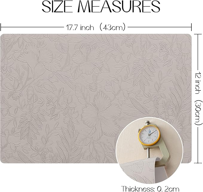 Romanstile Vinyl Placemats Set of 6-12 X 17 Inch - Heat Resistant Non-Slip Embossed Floral Place Mats 100% Waterproof Oilproof Wipeable Faux Leather Table Mats for Kitchen/Dining/Party, LightGrey