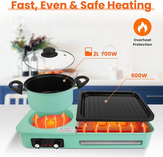 3-in-1 Electric Hot Pot with Grill & Fry Pan Combo - 1600W Fast Even Heating Non-stick Smokeless Indoor BBQ Grill - Easy to Clean - Dishwasher Safe - for 3-5 People