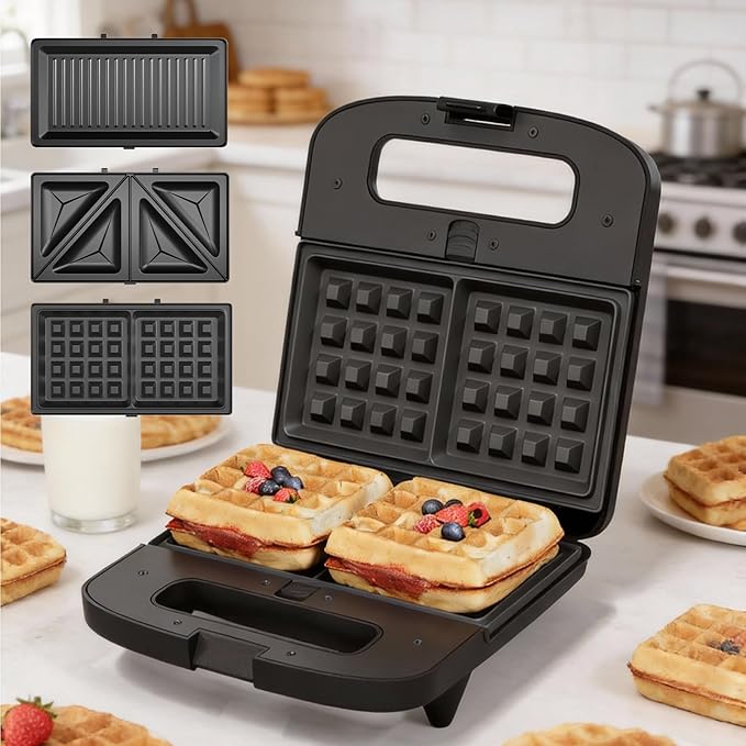 Sunvivi Waffle Iron, Panini Press Grill and Sandwich Maker Set, 3 in 1 Electric Sandwich Press with Removable Non-Stick Plates, Indicator Lights