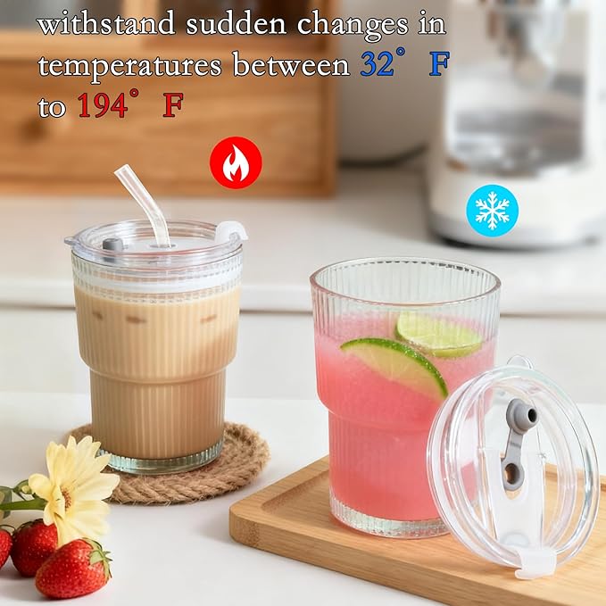 13oz Glass Tumbler with Lids and Straws Ribbed Drinking Glasses Cup Leak Proof Iced Coffee Glass Set of 4 for Soda Smoothie Juice(Clear*4)