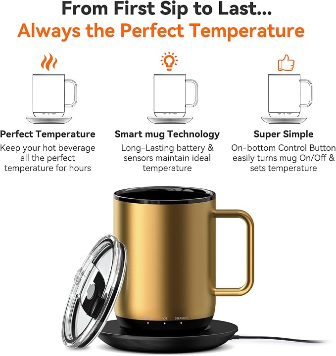 Vsitoo S3 Plus 14oz Heated Coffee Mug- Temperature Control Smart Mug with Mug Warmer, Auto-Sensing AI Heats Drinks to 120-150°F Hands-Free.Ideal for Home/Office/Gifts，Gold