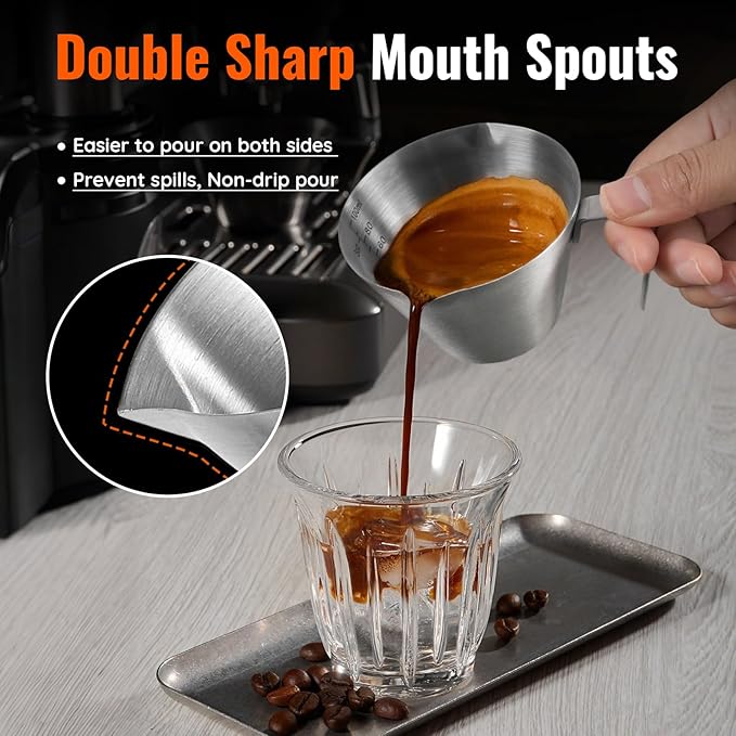 YARRAMATE 4 Pcs Stainless Steel Espresso Cups with Handle, Double Spout Metal Measuring Cup with Dual Scale, Espresso Shot cup with V-Shaped Mouth, 3.4OZ/100ML(Silver)