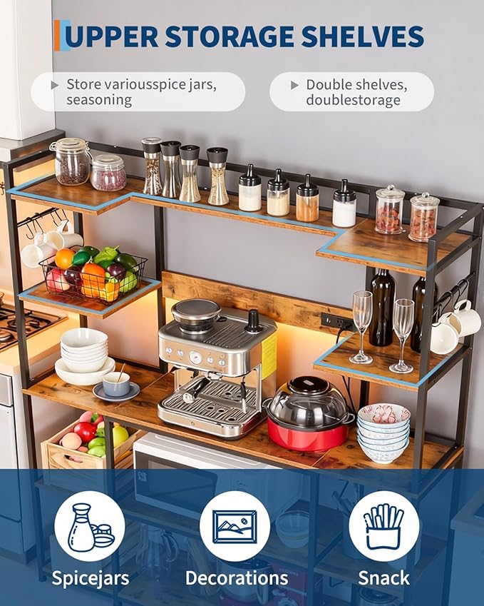 Garvee Kitchen Bakers Rack with Power Outlet 55 * 66inch, Microwave Oven Stand with Storage 4 Tiers, Coffee Bar Table with 6 S Hooks, Kitchen Storage Shelf Rack for Spices, Pots, Rustic Brown