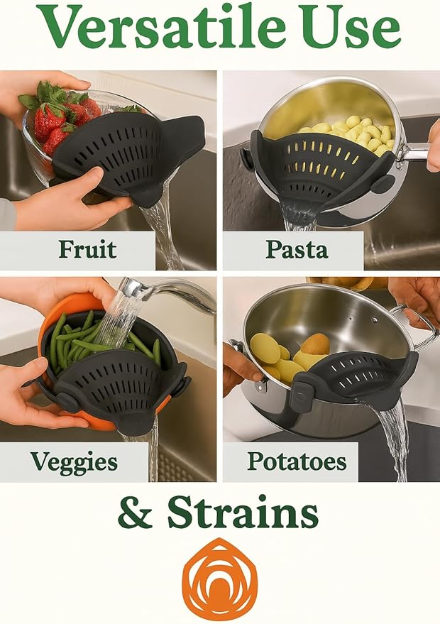 Food Strainer, Smart Pots, Clip-On Silicone Colander, Heat-Resistant by TerraHome (Gray)