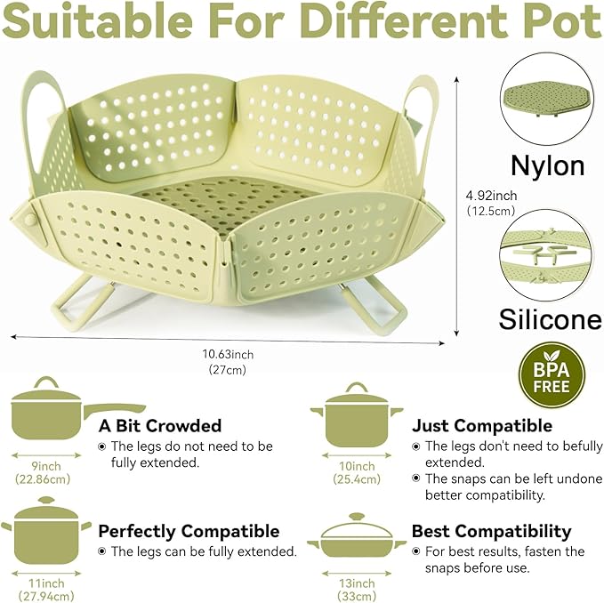 Large Collapsible Silicone Steamer Basket, Silicone Vegetable Steamer Basket With Handles, BPA Free, Expandable for Pot, Non Slip Feet, Compact Storage, Dishwasher Safe
