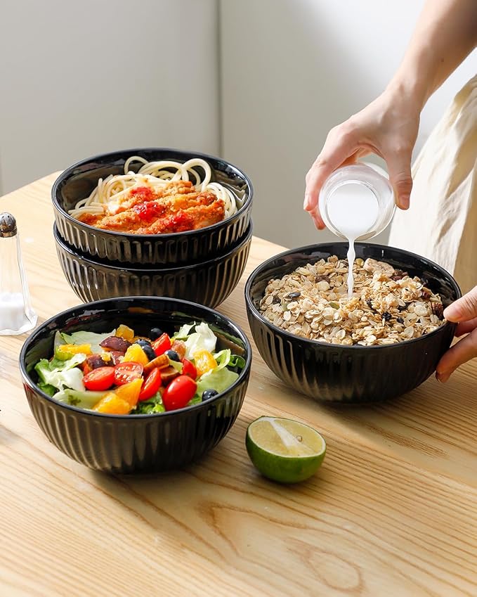 HASENSE 7 Inch Large Serving Bowls Set of 4, 42 Oz Black Ceramic Salad Bowl for Kitchen,Modern Ribbed Porcelain Dishes for Entertaining,Soup,Pho,Pasta,Cereal, Noodle - Dishwasher & Microwave Safe