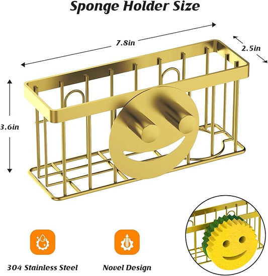 Sponge Holder Smiley Face, for kitchen Sink, Kitchen Organizer Sponge Holder with 2 PCS Suction Cups/1 PCS Adhesive Strips, Designed for Sponge, Soap, Dish brush, Scrubber-Gold