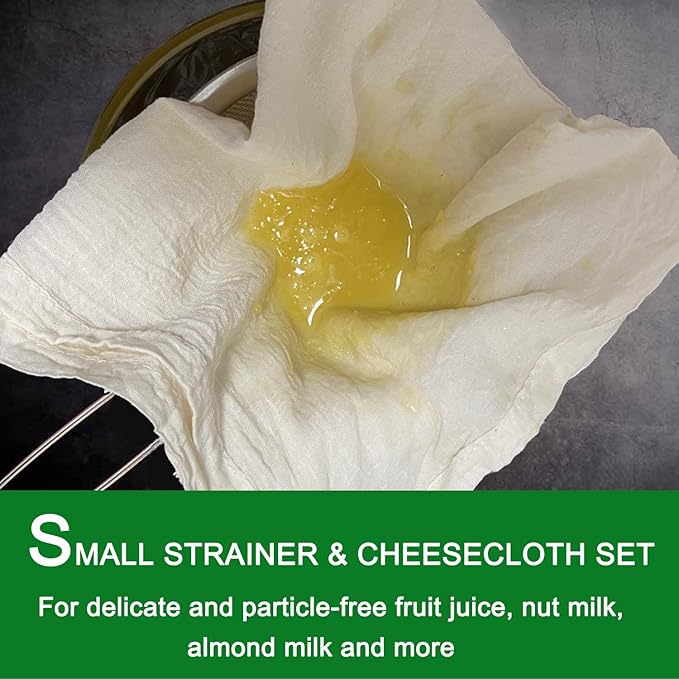 Fine Mesh Strainer with Sturdy Handle, 5.43 Inch Stainless Steel Strainers, Bonus 20x20 Inch Reusable Cotton Cheese Cloths with 4 Hemmed Edges, Sieve Sifter for Straining, Cooking, Baking