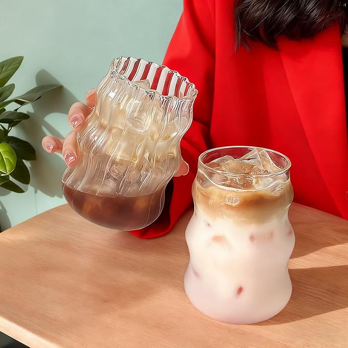 2 Pcs Ribbed Glass Cups, 18 oz Aesthetic Drinking Glasses for Coffee, Iced Drinks, Matcha - Cute Wavy Design Glassware
