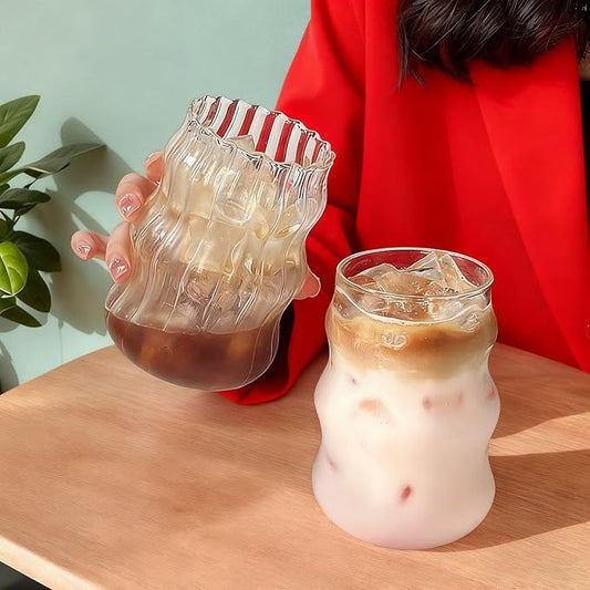 2 Pcs Ribbed Glass Cups, 18 oz Aesthetic Drinking Glasses for Coffee, Iced Drinks, Matcha - Cute Wavy Design Glassware