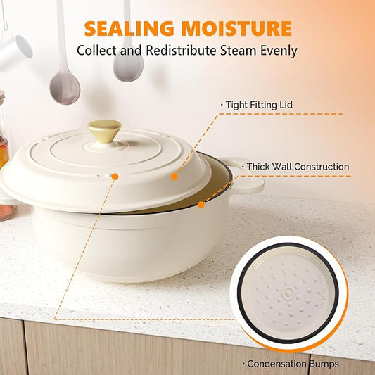 ROVSUN Enameled Cast Iron Round Dutch Oven, 7.5QT Pot with Lid &Dual Handles with Silicone Gloves,Oven Safe up to 500°F, Heavy-Duty Pre-Seasoned Cookware for Bread Baking, Braising, Stews, Roasting,Cream White
