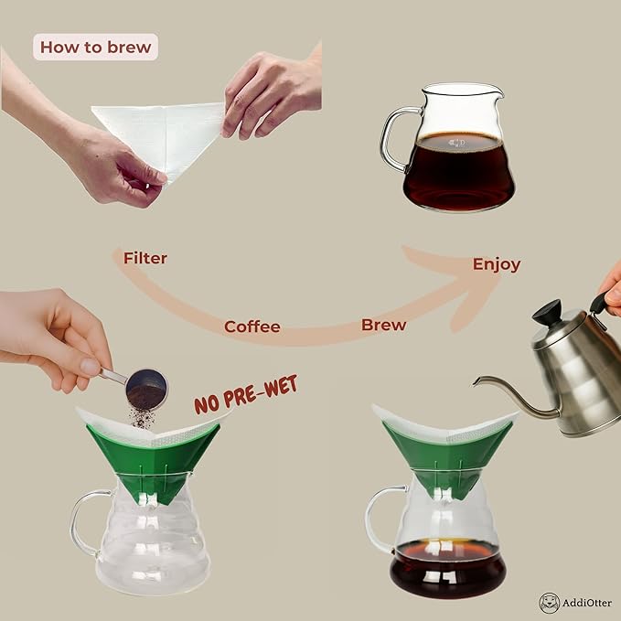 AddiOtter Pour-over Coffee Set for Home/Outdoor Adventures, Includes 80 Disposable Fabric Filters & 1 Dripper, Brew for 1-2 Cups, Enhanced Extraction Filters for Brewing Smooth & Flavorful Coffees