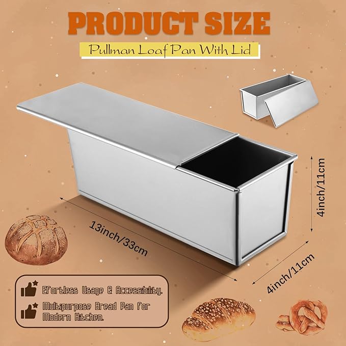 2 Pack Pullman Loaf Pan with Lid, 13x4 Inch Large Capacity Bread Loaf Pan with Cover, Non-Stick Bakeware for Baking and Toasting