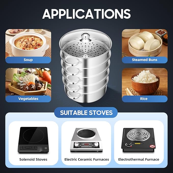 Multipurpose Stock Pot and Steamer Pots 5 Tier Pasta Pots Cooker Pot Kitchen Steaming Cookware with Lid for Cooking Vegetables, Seafood,Soups, Stews (17.71'' H)
