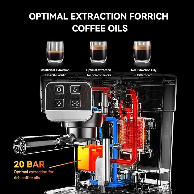 TINTALK Espresso Machine 20 Bar with Steam Milk Frother, Stainless Steel Coffee Machine with Removable Water Tank for Cappuccino,Latte, Compact Stainless Steel Coffee maker for home,Great Gift