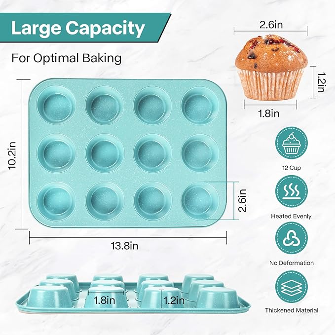 Spmarkt 2-Pack Blue 12-Cup Non-Stick Muffin Pan | Healthy Baking | Easy Cleaning Muffin Tin | Durable & Versatile Muffin Cup | Perfect for Mini Cupcakes (Blue)