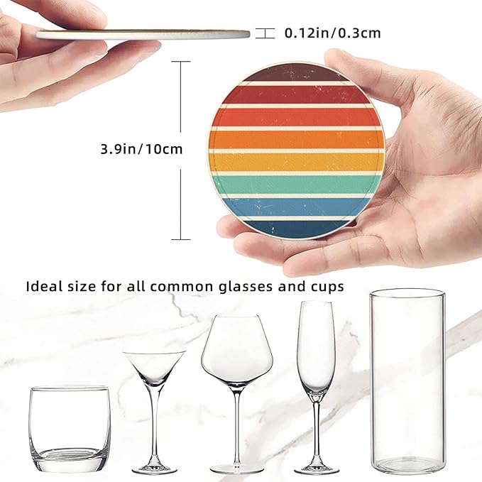 Vintage Colorful Beach Sunset Leather Drink Coasters Set of 6 with Holder Round Cup Coaster for Table Decor