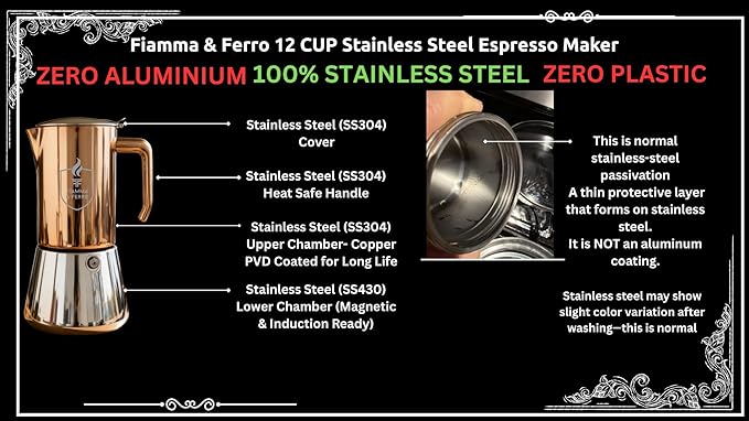 Fiamma & Ferro 12-Cup Premium (304) Stainless Steel Stovetop Espresso Maker-Moka Pot - Induction Compatible Italian Coffee Maker, No Aluminium, No Plastic, Classic Percolator for Rich Italian Espresso
