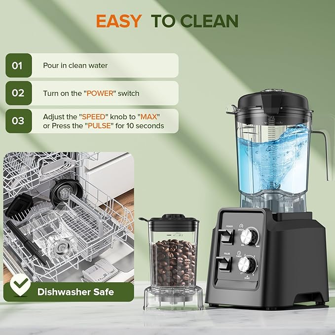 Blender for Smoothies, Professional Countertop Blenders with Self Cleaning, Ice Crush & Frozen Fruits, Dishwasher Safe Jar, 6 Blades for Silky Shakes and Drinks