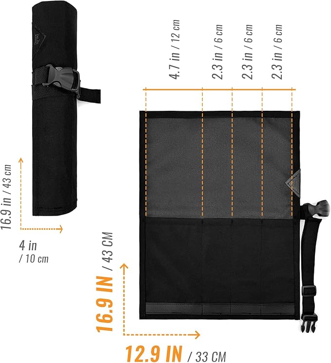 Under NY Sky Knife Roll Case - 4 Slots - Heavy Duty Oxford Canvas Pouch - Leather Reinforced - Portable Bag for Cooking Tools, Utensils, Cutlery Knives, Brushes - Chefs, Kitchen, Travel, Gift - Black