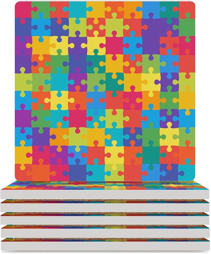 Square-6PCS Gamer Ceramic Coasters, Square Absorbent Drink Coasters, Kids Colorful Builing Puzzle Toys Ceramic Table Coasters for Coffee, Beverage, Wine, Beer Coasters