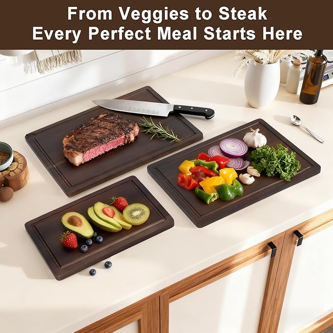 Acacia Wood Cutting Boards for Kitchen [Set of 3] – Premium Wooden Cutting Board Set with Juice Groove, Durable & Knife Friendly Serving Trays for Vegetables, Cheese & Meats
