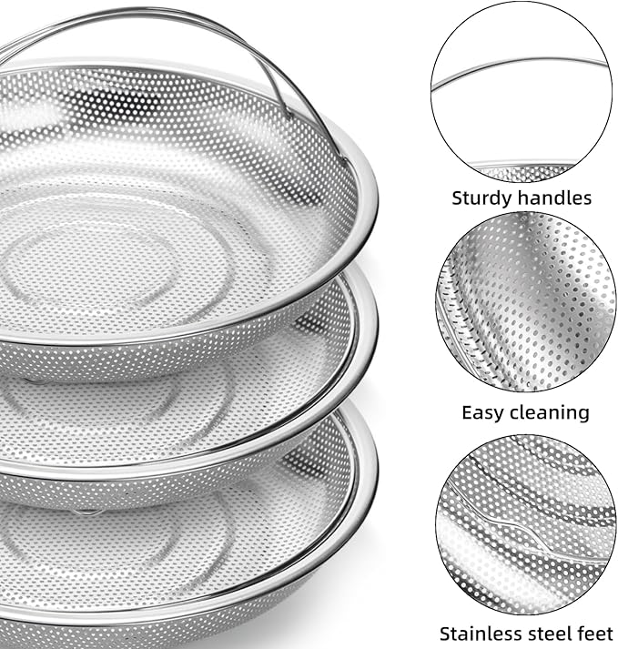 3 Pack Steamer Basket for Cooking, Micro-Perforated Strainer Colander Set, Stainless Steel Vegetable Veggie Steamer Rack for Pot, All-In-One Steaming Rack Stand with Handles, Dishwasher Safe