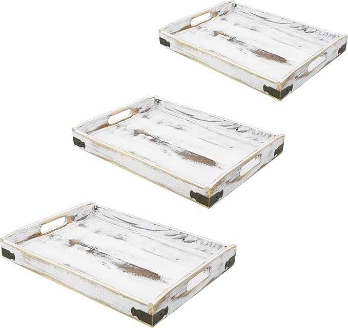 Owlgift Rustic White Wood Serving Trays with Brass Metal Wrap Accents, Set of 3