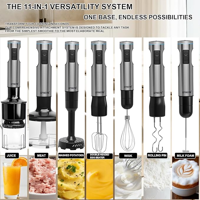 Handheld Immersion Blender Bundle, 1000W Powerful 11-in-1 Set for Smoothies,Orange Juicer,Minced meat,Milk frother,Egg Beater, Dough Hook, Vegetable Chopper, Potato Masher