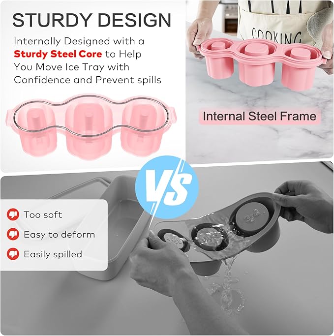 Longzon Easiest Release Ice Cube Tray for Stanley Cup 30-40oz Tumbler/Yeti Cup Ice Mold, Silicone Ice Tray Molds With Lid for Chilling Cocktails, Whiskey, Drinks, Coffee, Easy Release Ice Maker- Pink