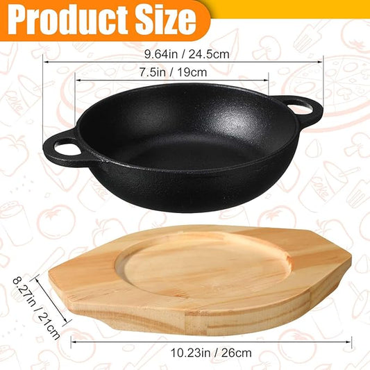 2 Sets Mini Cast Iron Skillet with Wooden Base Small Cast Iron Plates Skillet Pan Round Fajita Plate Hot Steak Pot Dish for Baking Cooking(7.5 Inch)