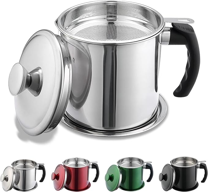 Kyraton Bacon Grease Container With Strainer, 48 oz Stainless Steel Oil Container, Pot Fat Storage With Lid, Easy Grip Handle Suitable For Storing Frying Oil And Cooking Grease 1. Silver